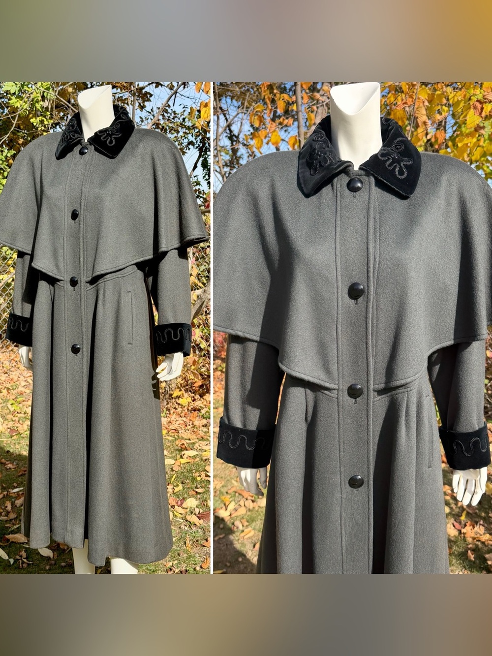 Vintage 1980s does Victorian Capelet Coat Cape Wool Velvet Edwardian Gray Black